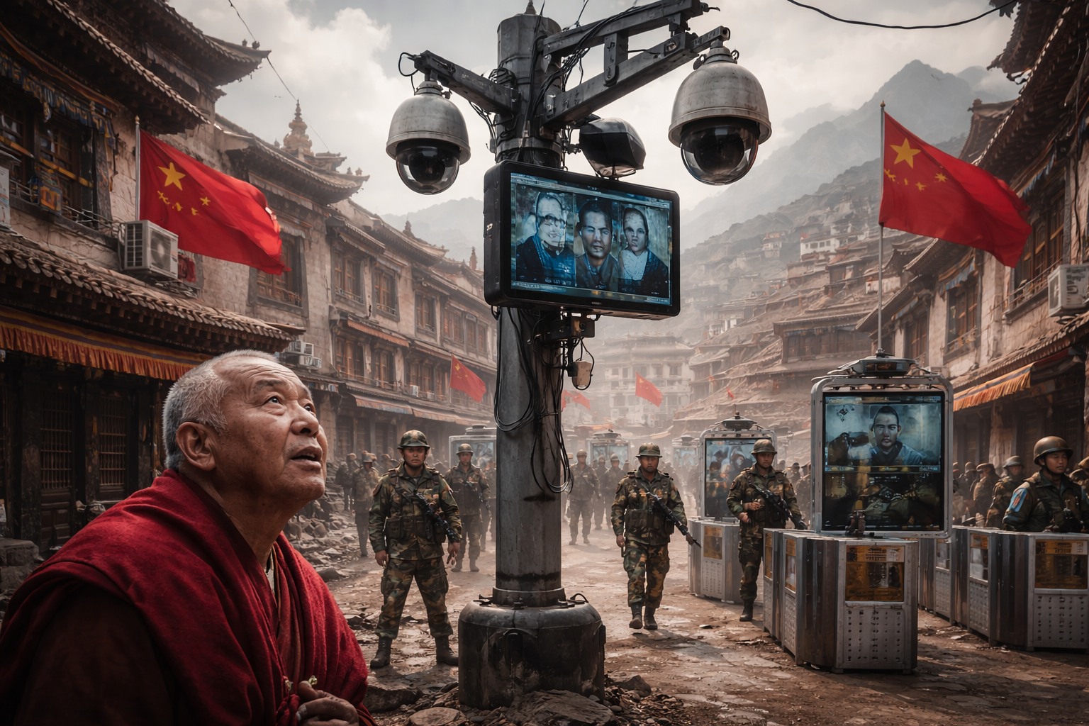 Representative AI gen image of a Buddhist monk walks in an alley as a CCTV camera mounted on a pole watches over the area in the ancient ethnic Tibetan city of Mustang,